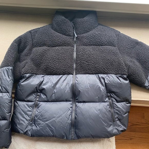 Short Black Sherpa Puffer Jacket Coat Large TALL - Picture 7 of 9